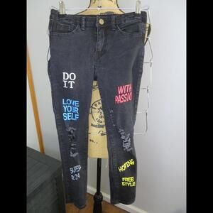 Hungson Boys Skinny Destroyed Distressed Black Jeans Size 8 With Word Graphics